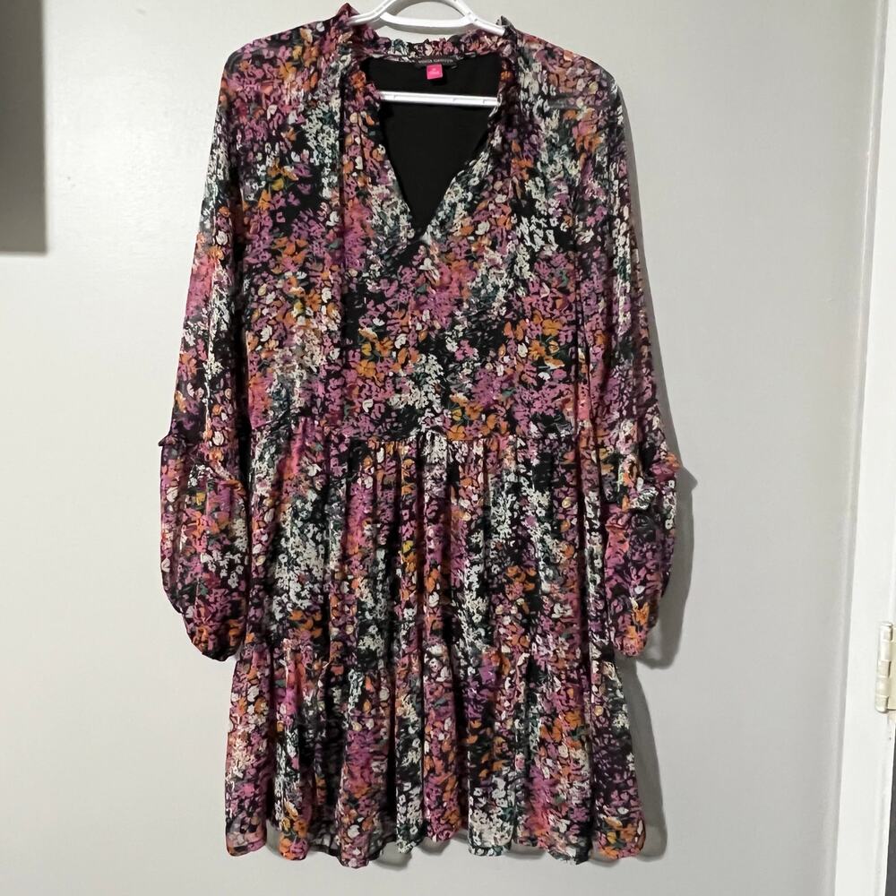 Vince Camuto Floral Mini Dress Medium Boho Tiered Ruffle Long Sleeve Lined